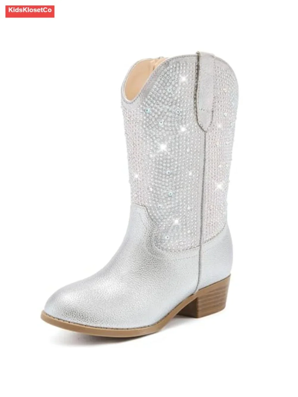 Girls Rhinestone Cowgirl Boots Pointed Toe Low Heel Mid Calf Zipper